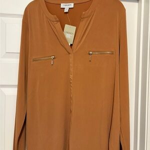 Carmen Marc Valvo Burnt Orange V-Neck Blouse